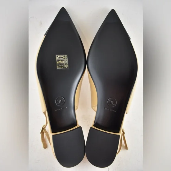 Chanel 24A Beige Leather Black CC Logo Coco Slingback Pointed Ballet Flat 39 - Picture 15 of 15